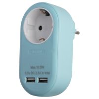 Entac Power Adapter 1 Grounded Socket and 2 USB (total 2.1A) Blue