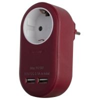 Entac Power Adapter 1 Grounded Socket and 2 USB (total 2.1A) Burgundy