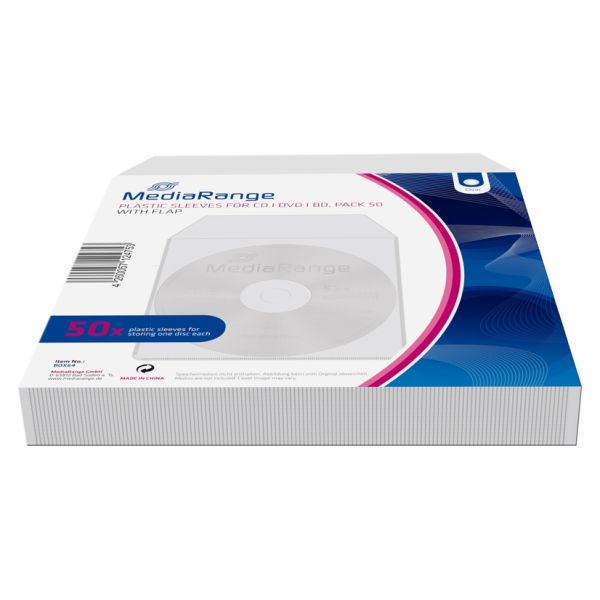 MediaRange Plastic sleeves for 1 disc with flap Transparent Pack 50 (MRBOX64)